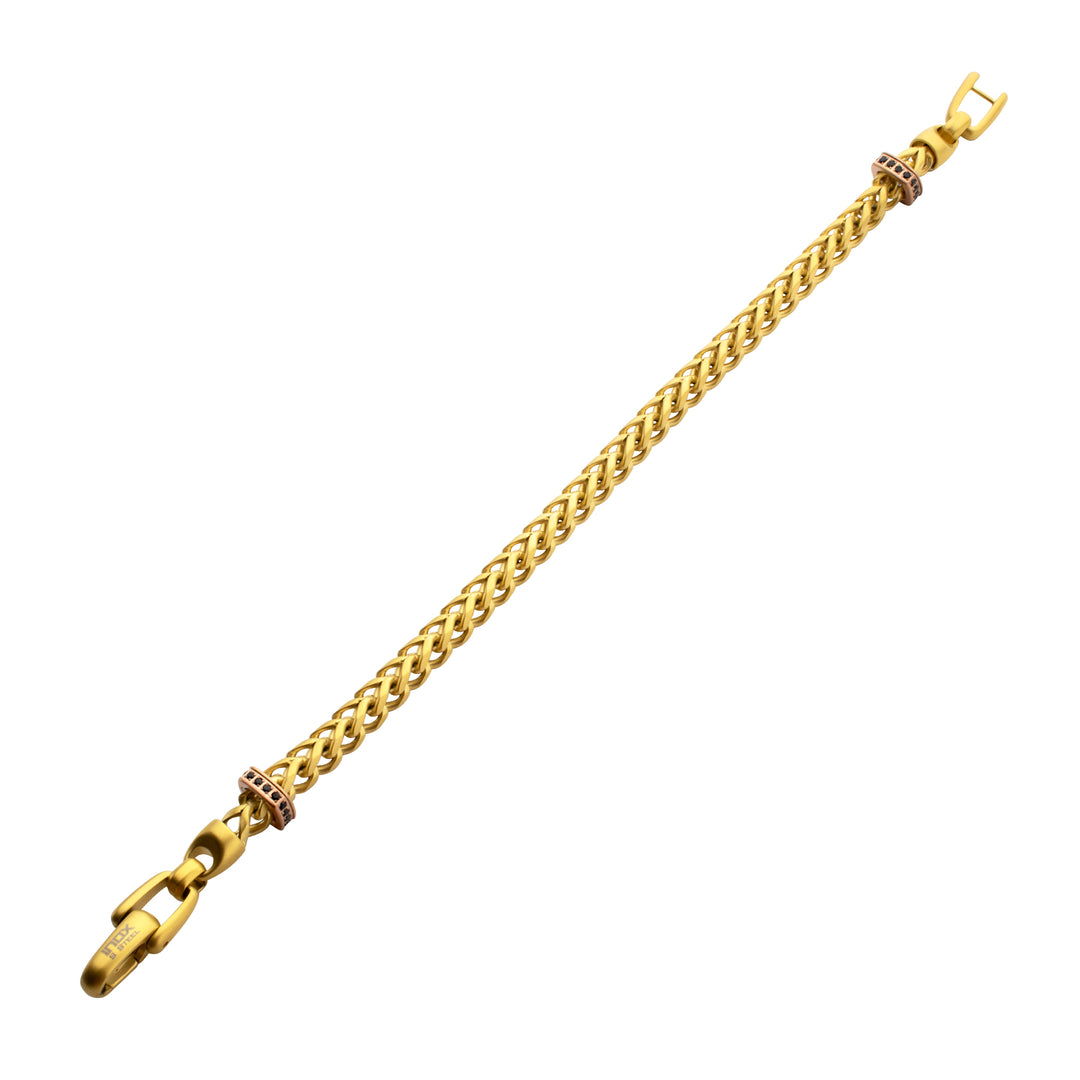 IRONWORKS-MASTER SERIES: 18Kt Gold IP Steel Chevron Franco Chain Bracelet with Black Sapphire & Rose Gold IP Links