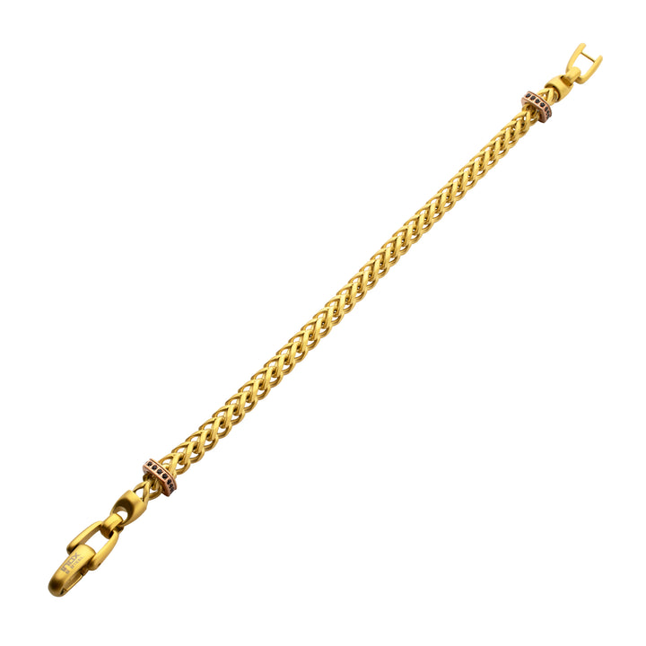 IRONWORKS-MASTER SERIES: 18Kt Gold IP Steel Chevron Franco Chain Bracelet with Black Sapphire & Rose Gold IP Links