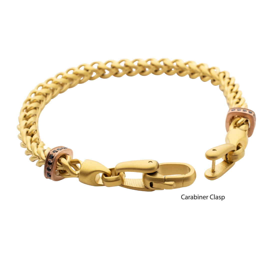 IRONWORKS-MASTER SERIES: 18Kt Gold IP Steel Chevron Franco Chain Bracelet with Black Sapphire & Rose Gold IP Links