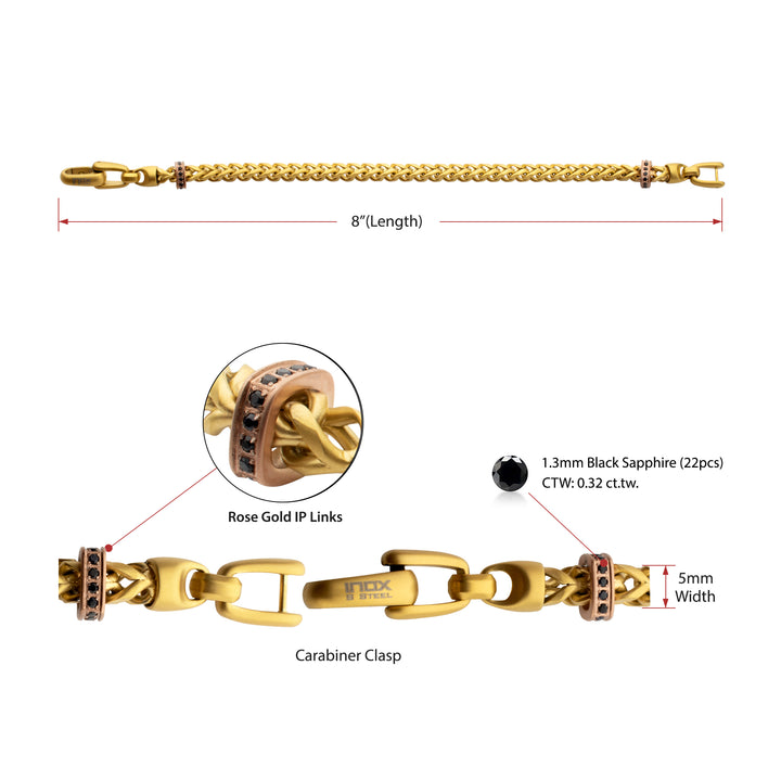 IRONWORKS-MASTER SERIES: 18Kt Gold IP Steel Chevron Franco Chain Bracelet with Black Sapphire & Rose Gold IP Links
