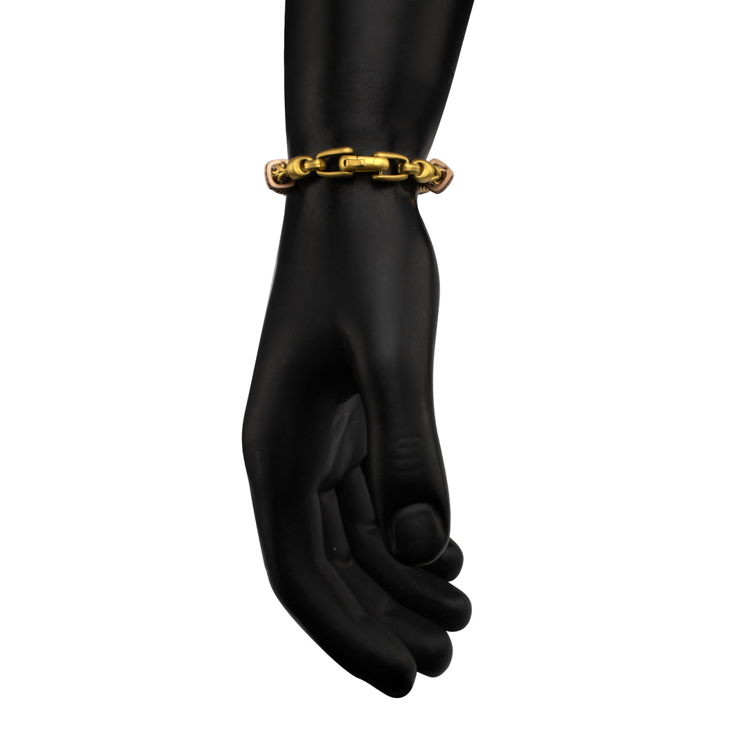 IRONWORKS-MASTER SERIES: 18Kt Gold IP Steel Chevron Franco Chain Bracelet with Black Sapphire & Rose Gold IP Links