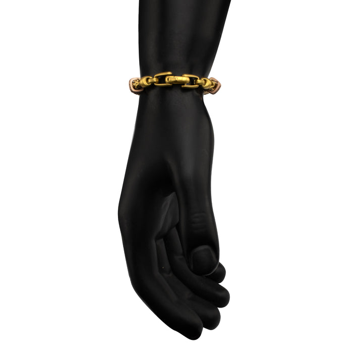IRONWORKS-MASTER SERIES: 18Kt Gold IP Steel Chevron Franco Chain Bracelet with Black Sapphire & Rose Gold IP Links