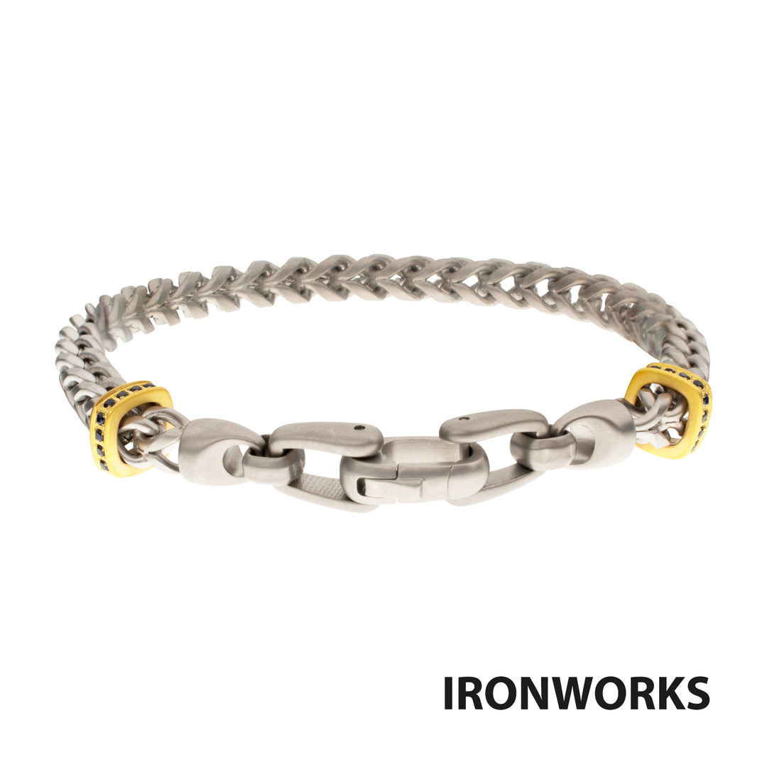 IRONWORKS-MASTER SERIES: Stainless Steel Chevron Franco Chain Bracelet with Black Sapphire & 18Kt Gold IP Links