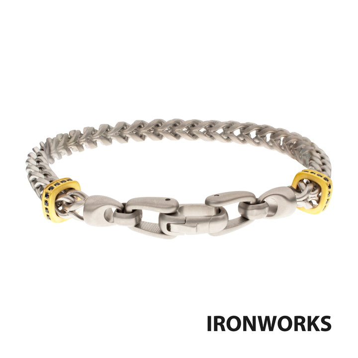 IRONWORKS-MASTER SERIES: Stainless Steel Chevron Franco Chain Bracelet with Black Sapphire & 18Kt Gold IP Links