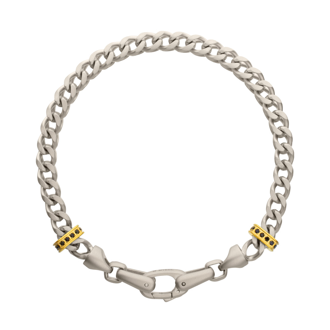 IRONWORKS-MASTER SERIES: Stainless Steel Chevron Franco Chain Bracelet with Black Sapphire & 18Kt Gold IP Links