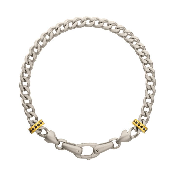 IRONWORKS-MASTER SERIES: Stainless Steel Chevron Franco Chain Bracelet with Black Sapphire & 18Kt Gold IP Links
