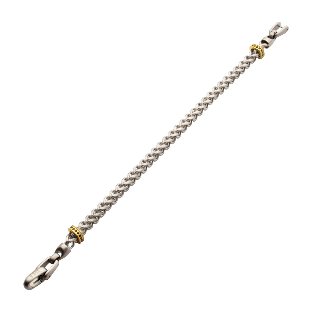 IRONWORKS-MASTER SERIES: Stainless Steel Chevron Franco Chain Bracelet with Black Sapphire & 18Kt Gold IP Links
