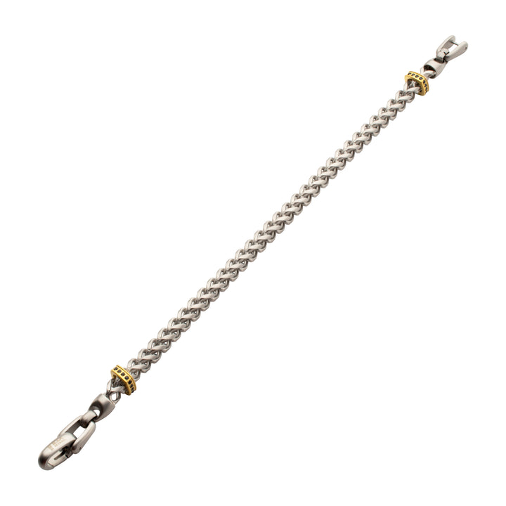 IRONWORKS-MASTER SERIES: Stainless Steel Chevron Franco Chain Bracelet with Black Sapphire & 18Kt Gold IP Links