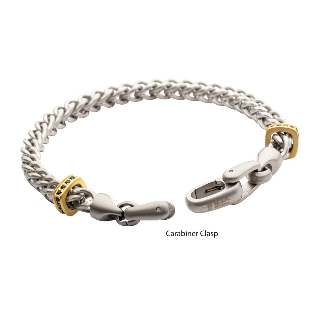 IRONWORKS-MASTER SERIES: Stainless Steel Chevron Franco Chain Bracelet with Black Sapphire & 18Kt Gold IP Links
