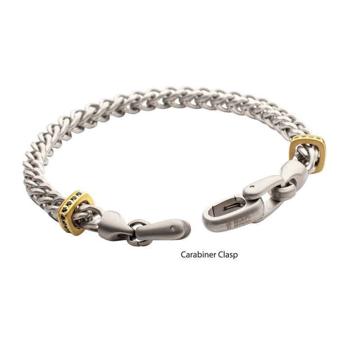 IRONWORKS-MASTER SERIES: Stainless Steel Chevron Franco Chain Bracelet with Black Sapphire & 18Kt Gold IP Links