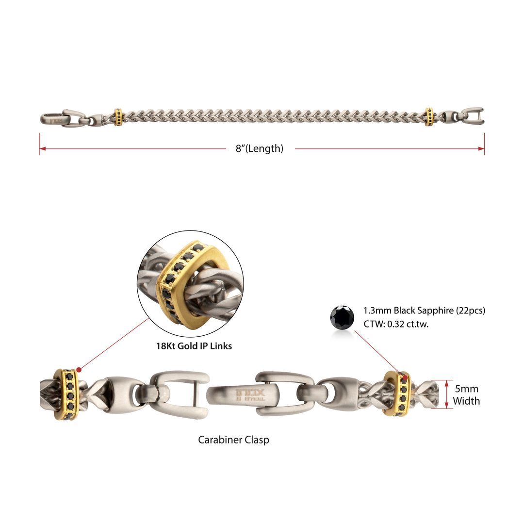 IRONWORKS-MASTER SERIES: Stainless Steel Chevron Franco Chain Bracelet with Black Sapphire & 18Kt Gold IP Links