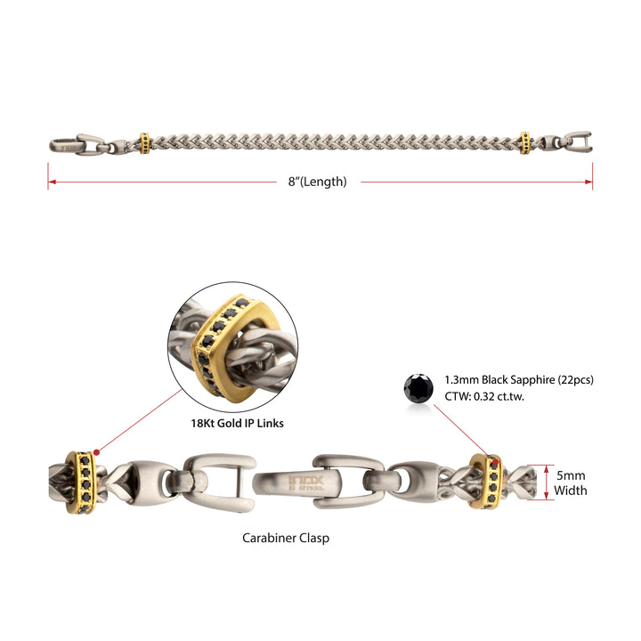 IRONWORKS-MASTER SERIES: Stainless Steel Chevron Franco Chain Bracelet with Black Sapphire & 18Kt Gold IP Links