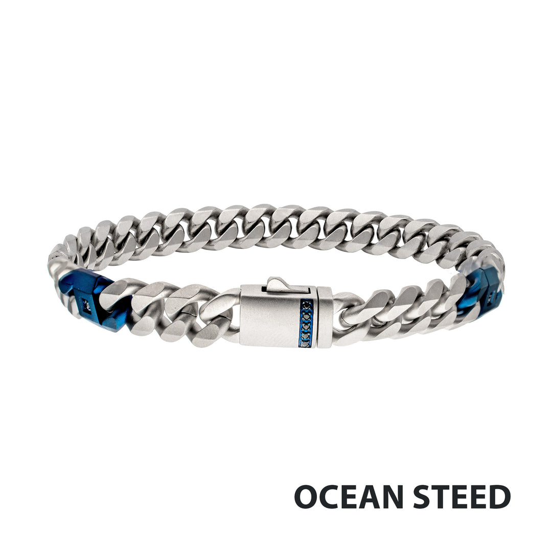 OCEAN STEED: Matte Finish Steel Beveled Cuban with Two Blue IP Links & Black Sapphire Chain Bracelet