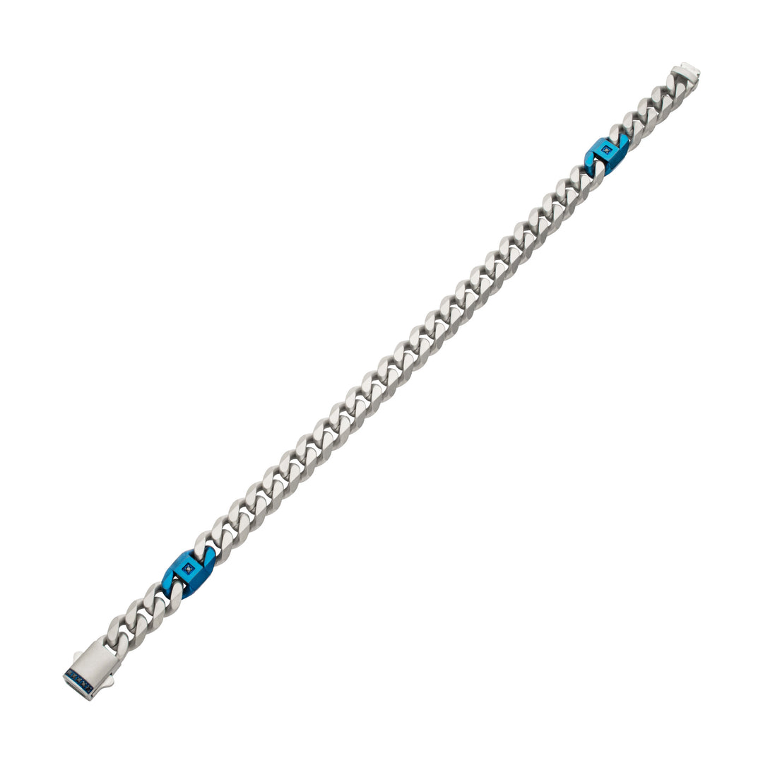 OCEAN STEED: Matte Finish Steel Beveled Cuban with Two Blue IP Links & Black Sapphire Chain Bracelet