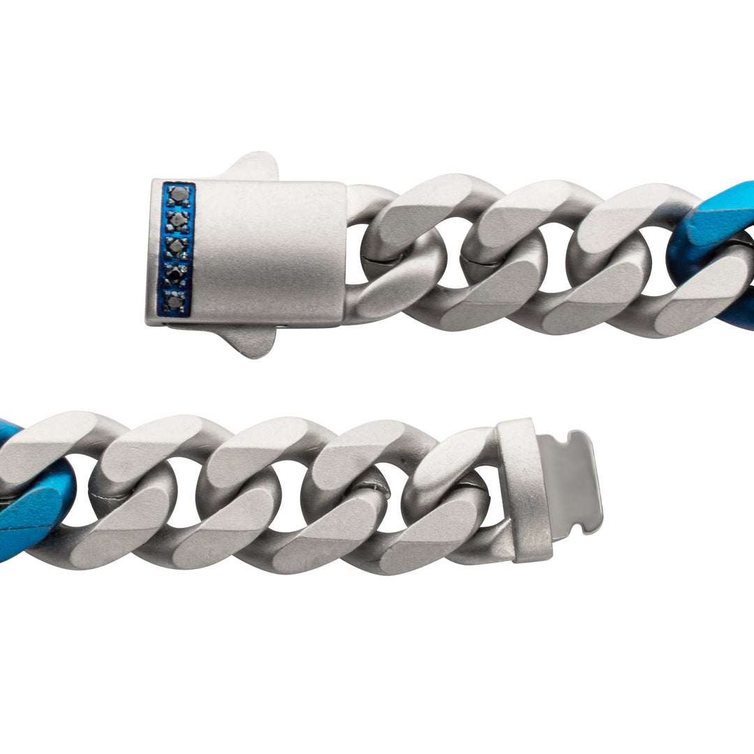 OCEAN STEED: Matte Finish Steel Beveled Cuban with Two Blue IP Links & Black Sapphire Chain Bracelet