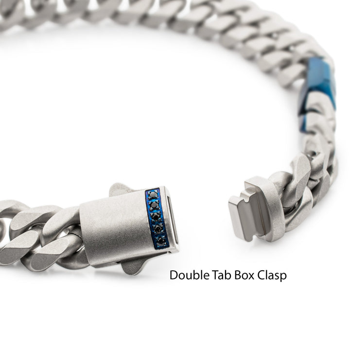 OCEAN STEED: Matte Finish Steel Beveled Cuban with Two Blue IP Links & Black Sapphire Chain Bracelet