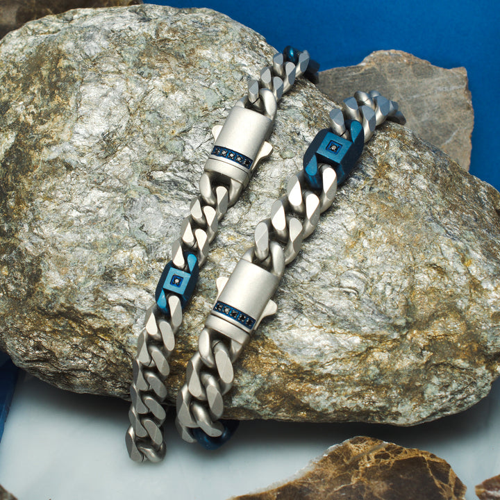 OCEAN STEED: Matte Finish Steel Beveled Cuban with Two Blue IP Links & Black Sapphire Chain Bracelet