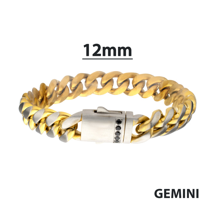 GEMINI SOLSTICE: 12mm 18Kt Gold IP Matte Steel Cuban Chain with Black Sapphire Clasp Reversible Bracelet