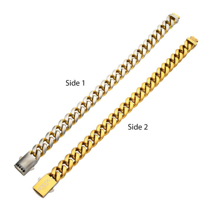 GEMINI SOLSTICE: 12mm 18Kt Gold IP Matte Steel Cuban Chain with Black Sapphire Clasp Reversible Bracelet