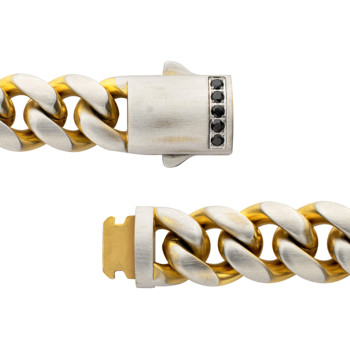 GEMINI SOLSTICE: 12mm 18Kt Gold IP Matte Steel Cuban Chain with Black Sapphire Clasp Reversible Bracelet
