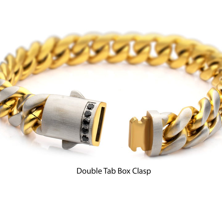 GEMINI SOLSTICE: 12mm 18Kt Gold IP Matte Steel Cuban Chain with Black Sapphire Clasp Reversible Bracelet