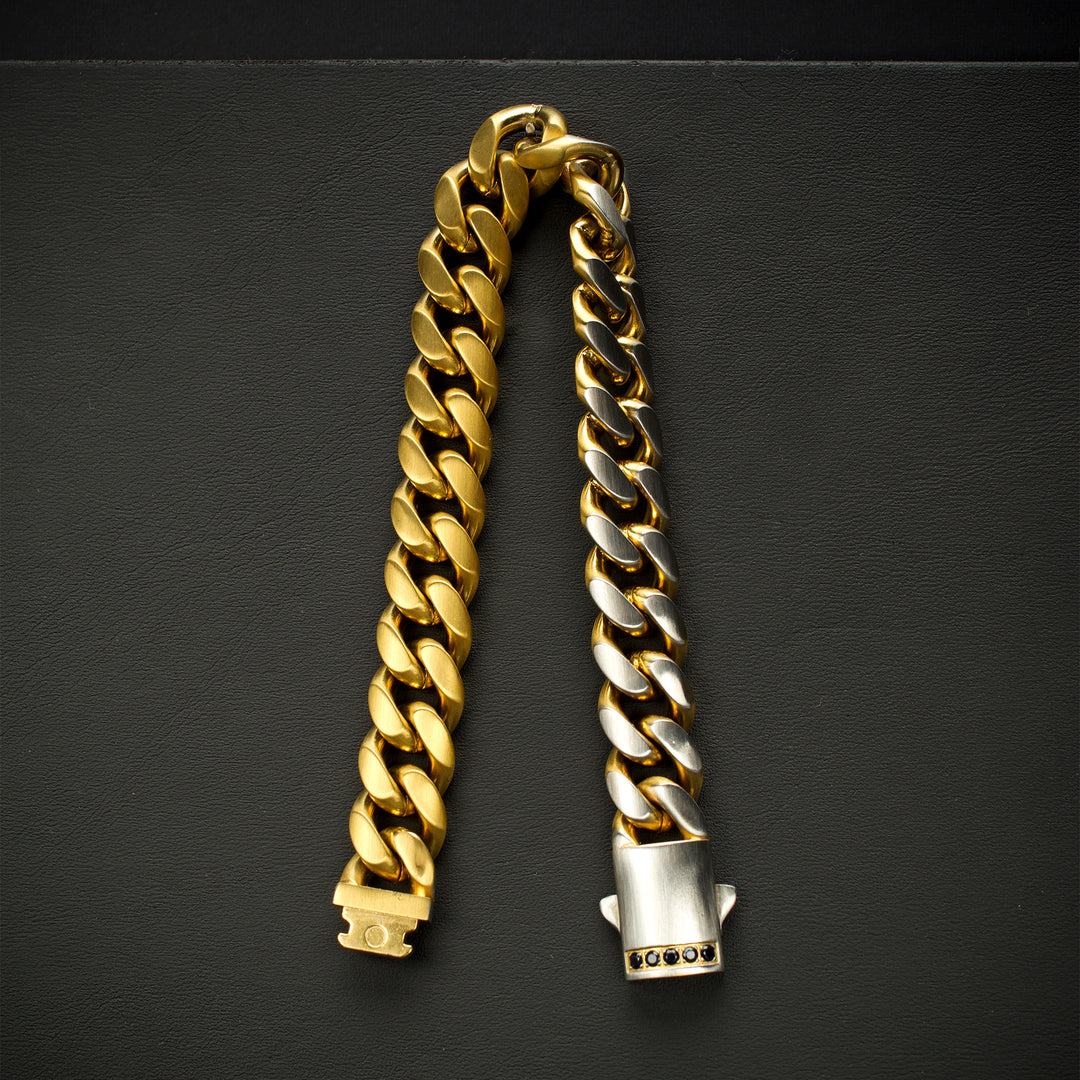 GEMINI SOLSTICE: 12mm 18Kt Gold IP Matte Steel Cuban Chain with Black Sapphire Clasp Reversible Bracelet