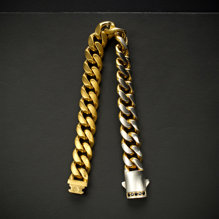 GEMINI SOLSTICE: 12mm 18Kt Gold IP Matte Steel Cuban Chain with Black Sapphire Clasp Reversible Bracelet