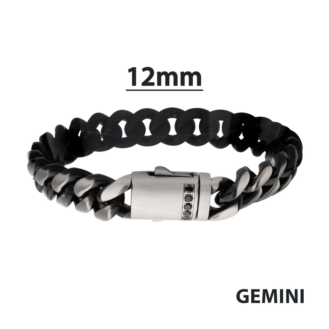 GEMINI EQUINOX: 12mm Black IP Matte Steel Cuban Chain with Black Sapphire Clasp Reversible Bracelet