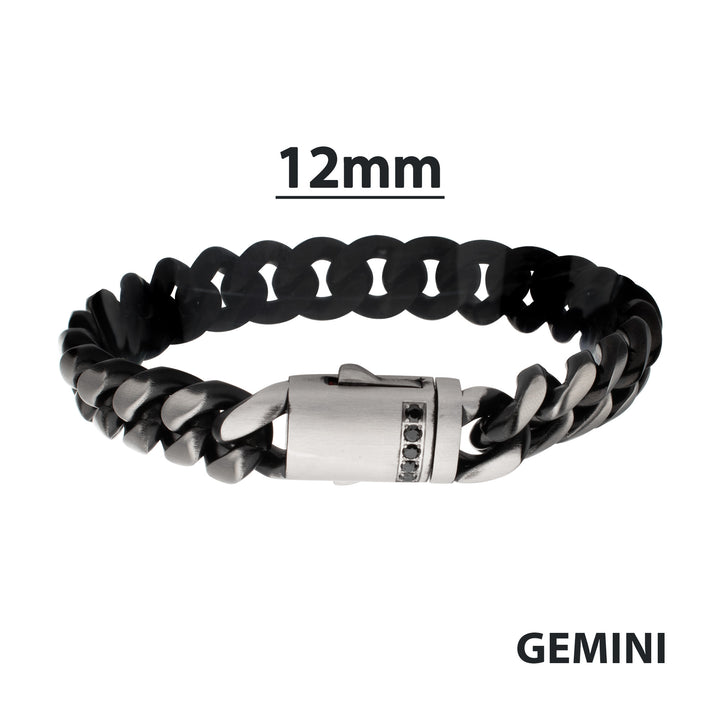 GEMINI EQUINOX: 12mm Black IP Matte Steel Cuban Chain with Black Sapphire Clasp Reversible Bracelet