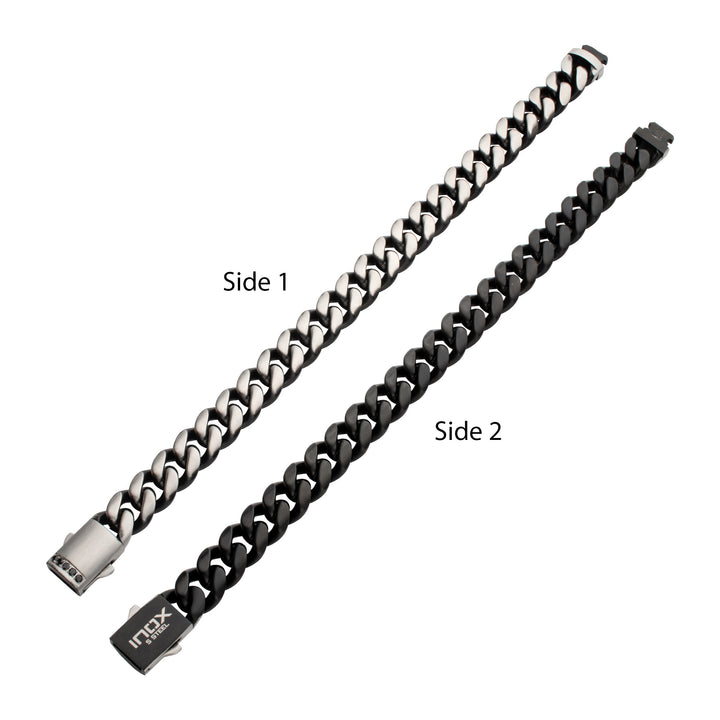 GEMINI EQUINOX: 12mm Black IP Matte Steel Cuban Chain with Black Sapphire Clasp Reversible Bracelet