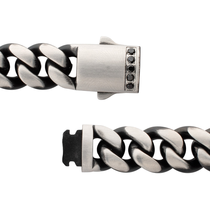 GEMINI EQUINOX: 12mm Black IP Matte Steel Cuban Chain with Black Sapphire Clasp Reversible Bracelet