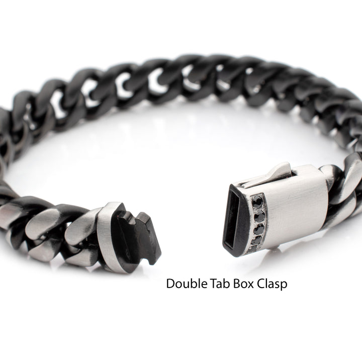 GEMINI EQUINOX: 12mm Black IP Matte Steel Cuban Chain with Black Sapphire Clasp Reversible Bracelet