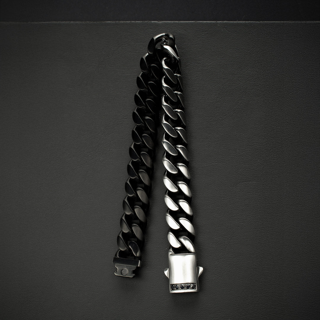 GEMINI EQUINOX: 12mm Black IP Matte Steel Cuban Chain with Black Sapphire Clasp Reversible Bracelet