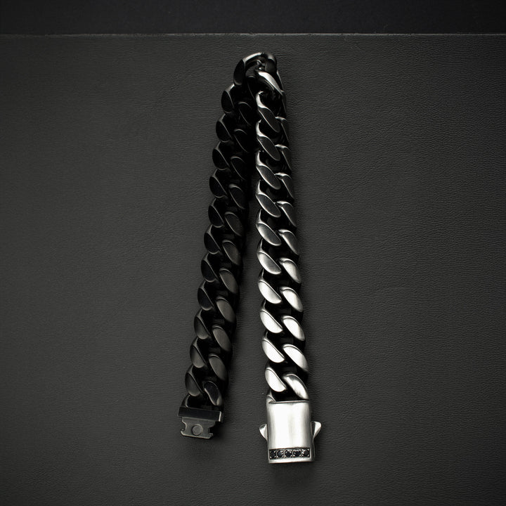 GEMINI EQUINOX: 12mm Black IP Matte Steel Cuban Chain with Black Sapphire Clasp Reversible Bracelet