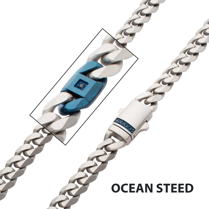 OCEAN STEED: Matte Finish Steel Beveled Cuban with Two Blue IP Links & Black Sapphire Chain Necklace