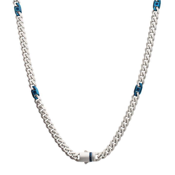 OCEAN STEED: Matte Finish Steel Beveled Cuban with Two Blue IP Links & Black Sapphire Chain Necklace