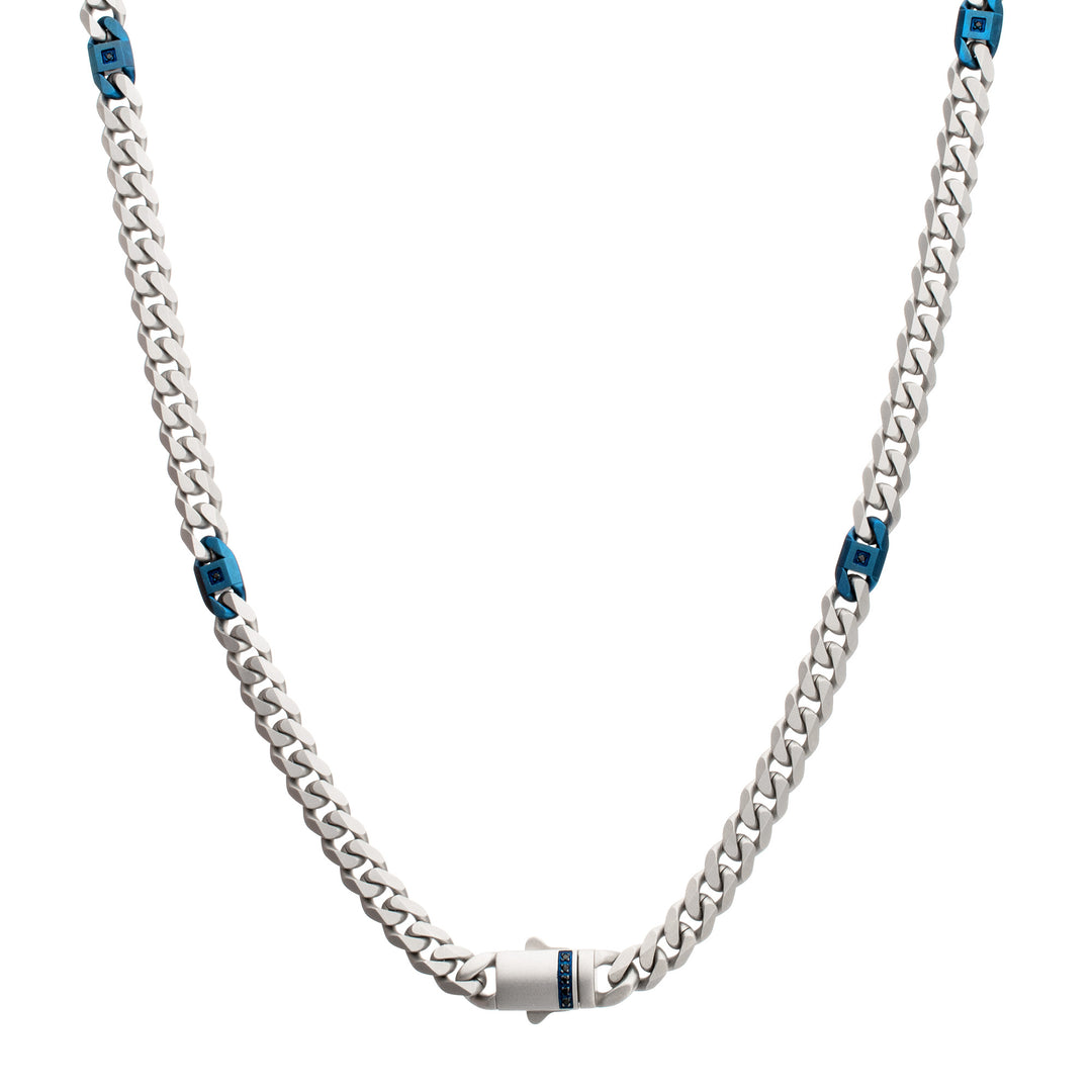 OCEAN STEED: Matte Finish Steel Beveled Cuban with Two Blue IP Links & Black Sapphire Chain Necklace