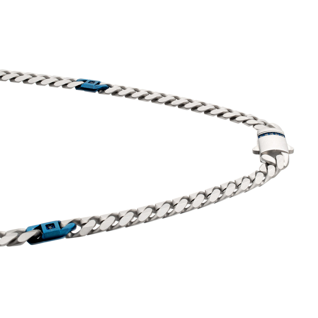 OCEAN STEED: Matte Finish Steel Beveled Cuban with Two Blue IP Links & Black Sapphire Chain Necklace