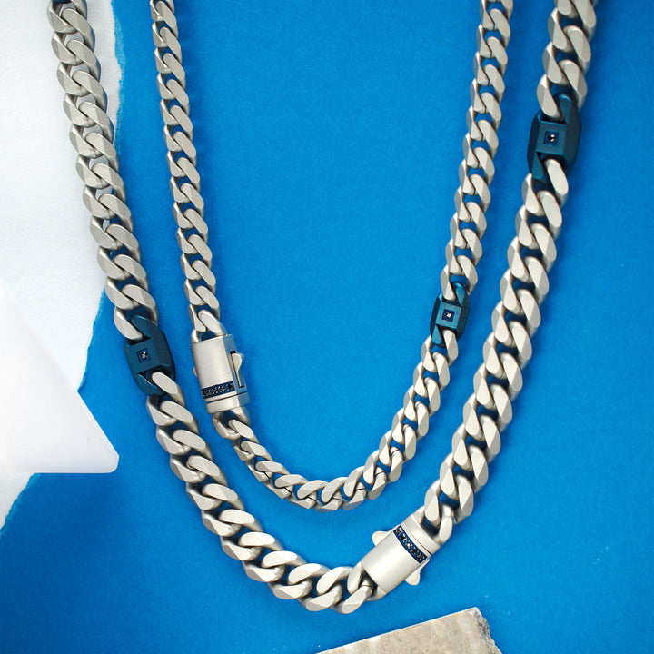 OCEAN STEED: Matte Finish Steel Beveled Cuban with Two Blue IP Links & Black Sapphire Chain Necklace