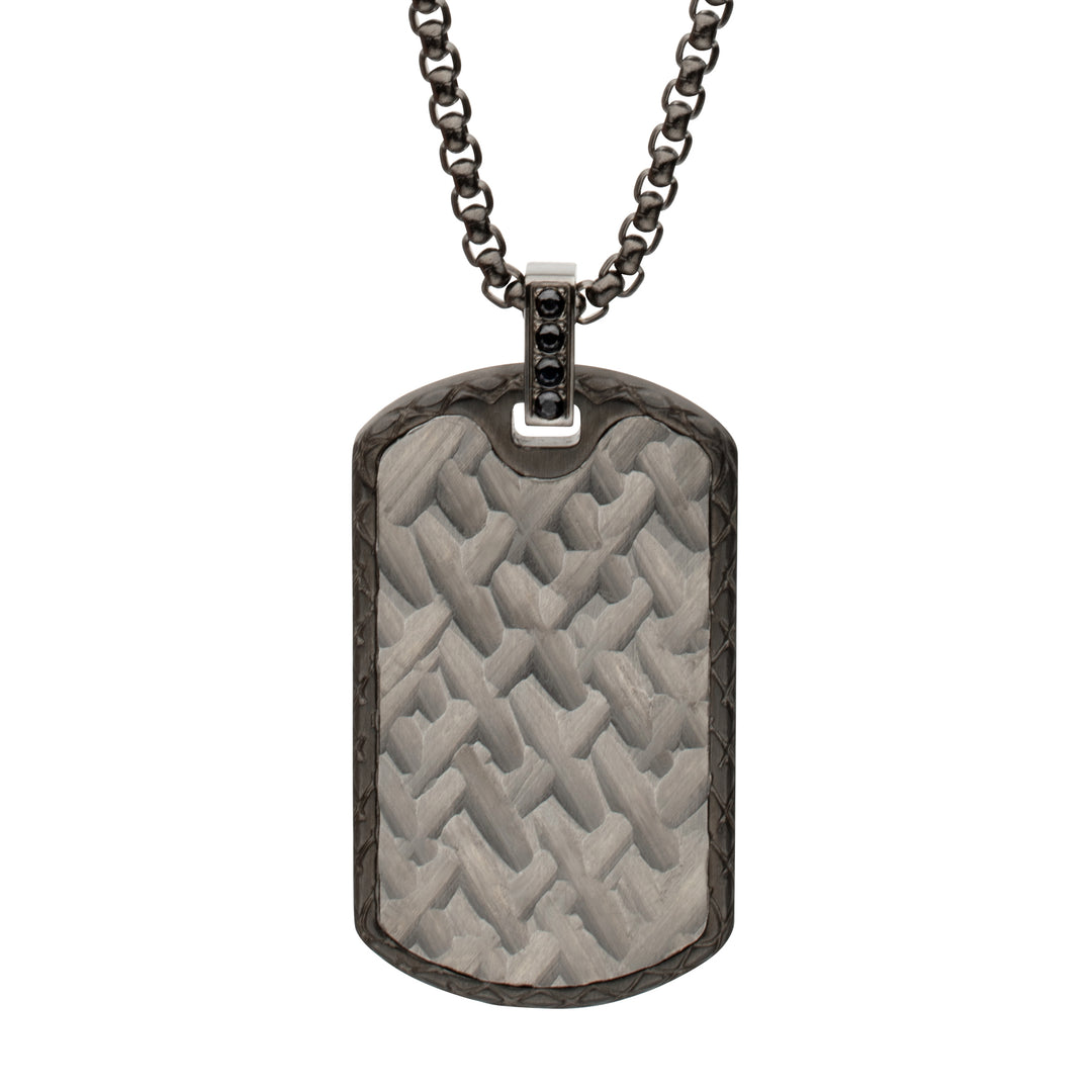 Gun Metal IP Steel Chiseled Dog Tag Pendant with Black Sapphire & Black Bail