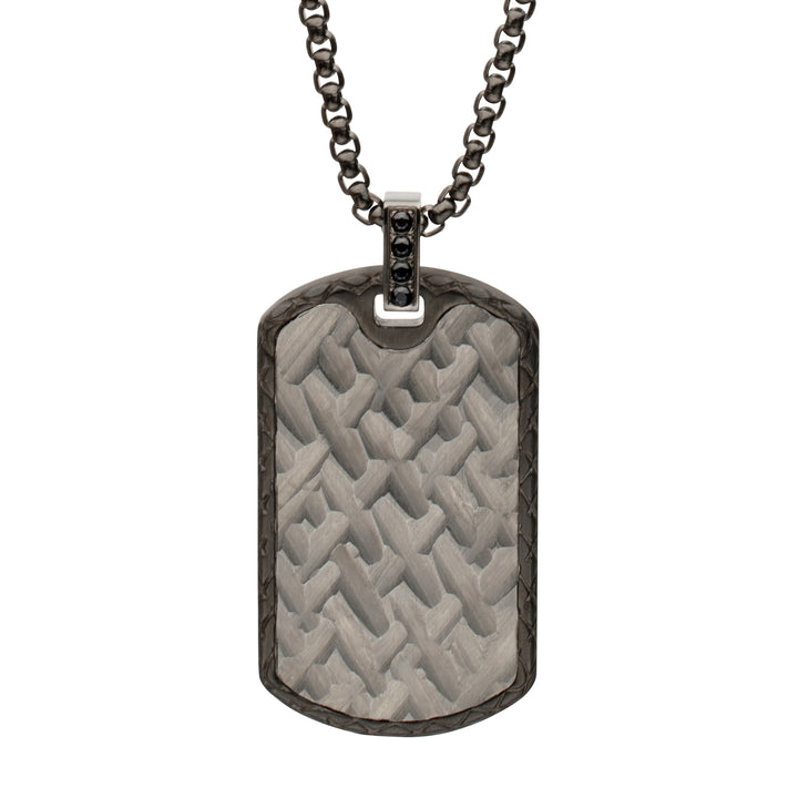 Gun Metal IP Steel Chiseled Dog Tag Pendant with Black Sapphire & Black Bail