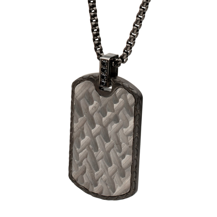 Gun Metal IP Steel Chiseled Dog Tag Pendant with Black Sapphire & Black Bail