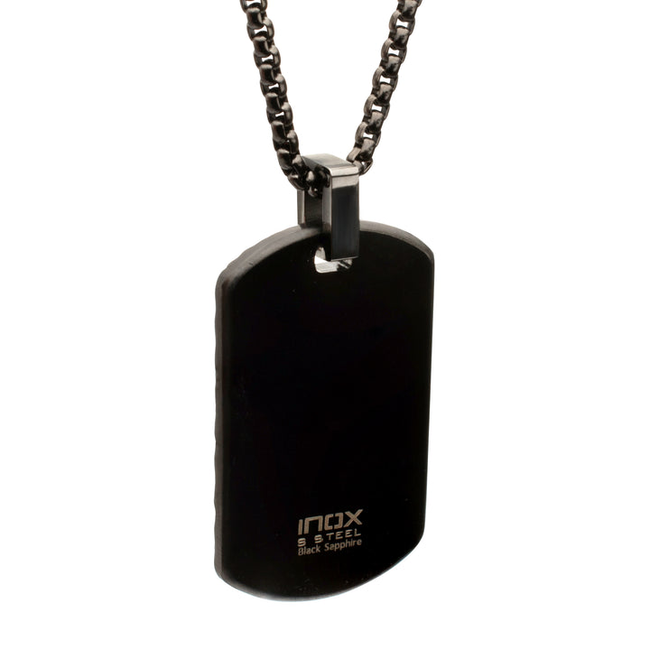 Gun Metal IP Steel Chiseled Dog Tag Pendant with Black Sapphire & Black Bail