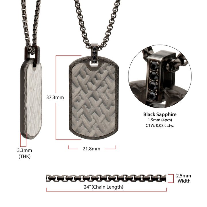 Gun Metal IP Steel Chiseled Dog Tag Pendant with Black Sapphire & Black Bail