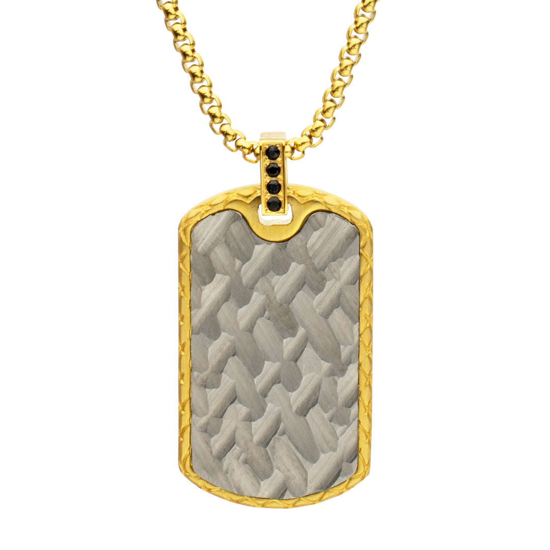 18Kt Gold IP Steel Chiseled Dog Tag Pendant with Black Sapphire & Golden Bail