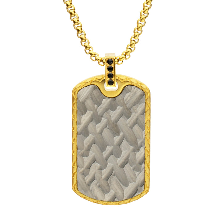 18Kt Gold IP Steel Chiseled Dog Tag Pendant with Black Sapphire & Golden Bail