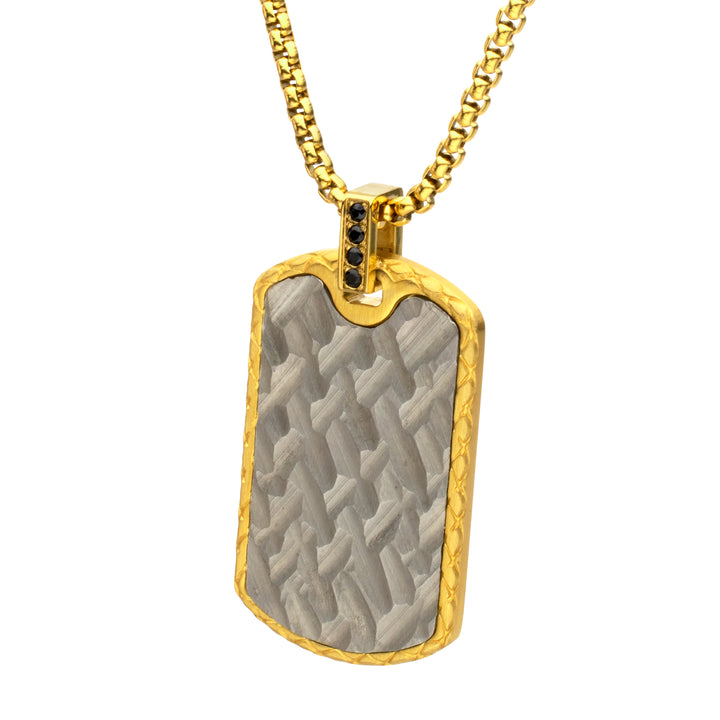 18Kt Gold IP Steel Chiseled Dog Tag Pendant with Black Sapphire & Golden Bail