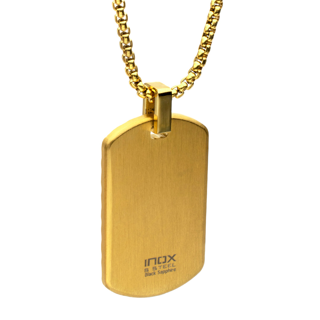 18Kt Gold IP Steel Chiseled Dog Tag Pendant with Black Sapphire & Golden Bail
