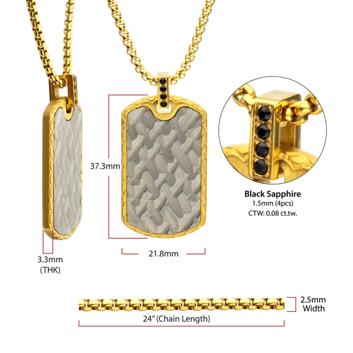 18Kt Gold IP Steel Chiseled Dog Tag Pendant with Black Sapphire & Golden Bail