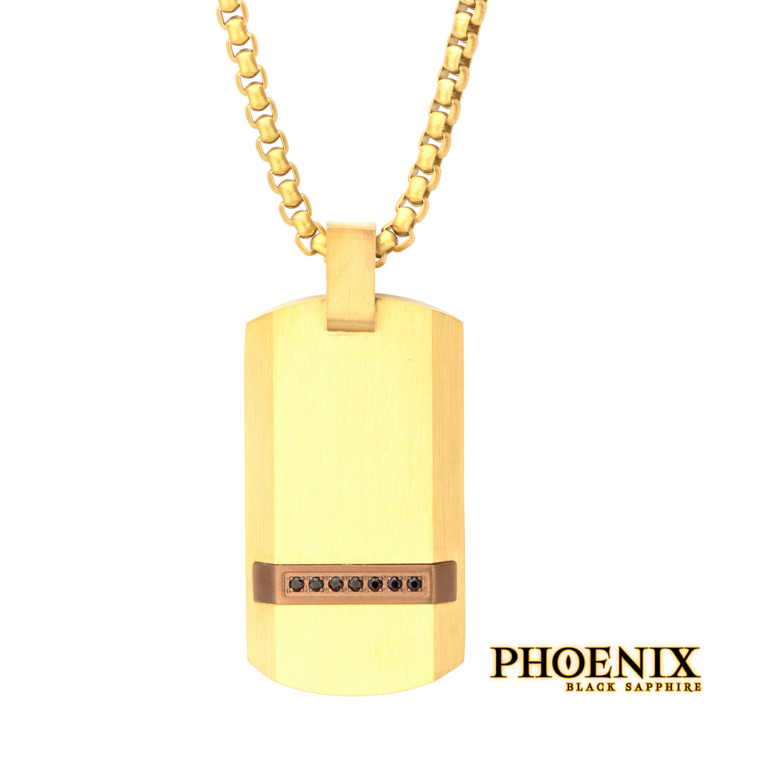 18Kt Gold IP Steel Matte Finish Dog Tag Pendant with 1.3mm Genuine Black Sapphire